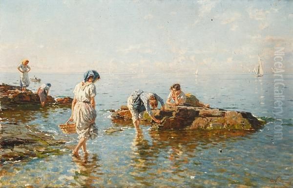 Women On The Sea-shore Oil Painting by Bartolomeo Giuliano