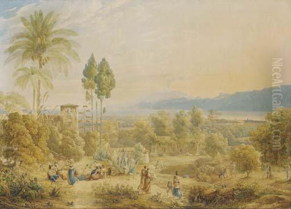 Un Paysage Avec Le Vesuve, Au Premier Plan Des Personnages Dansant Et Jouant De La Musique, D'autres Travaillant Aux Champs Oil Painting by Filippo Giuntotardi