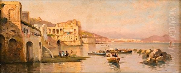 Marina Con Barche A Palazzo Donn'anna Oil Painting by Guglielmo Giusti