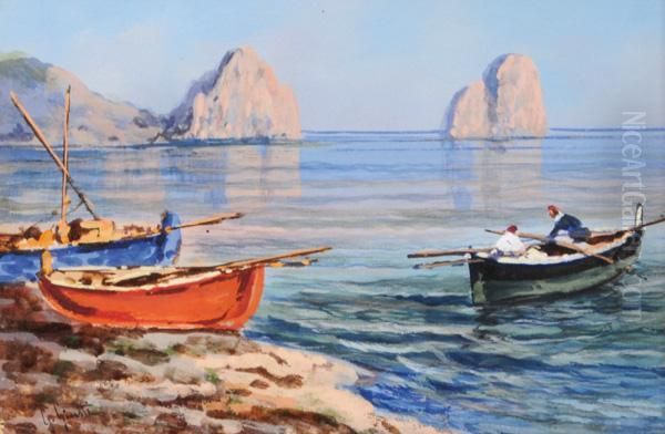 Barche A Capri Oil Painting by Guglielmo Giusti