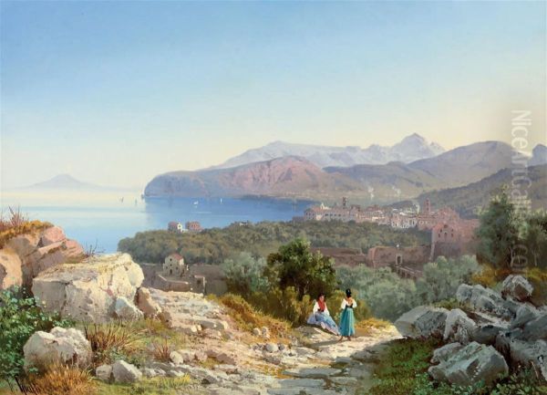 A Rest On The Track To Sorrento, Vesuvius Beyond Oil Painting by Guglielmo Giusti