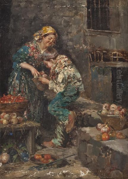 Italienische Marktfrau Am Obststand Oil Painting by Fausto Giusto