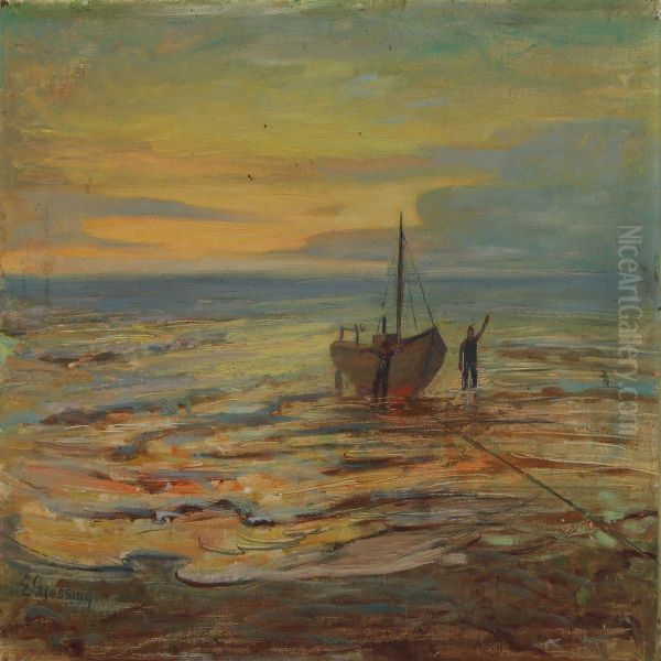 Shore With Two Fishermen And Boat Oil Painting by Einar Gjessing