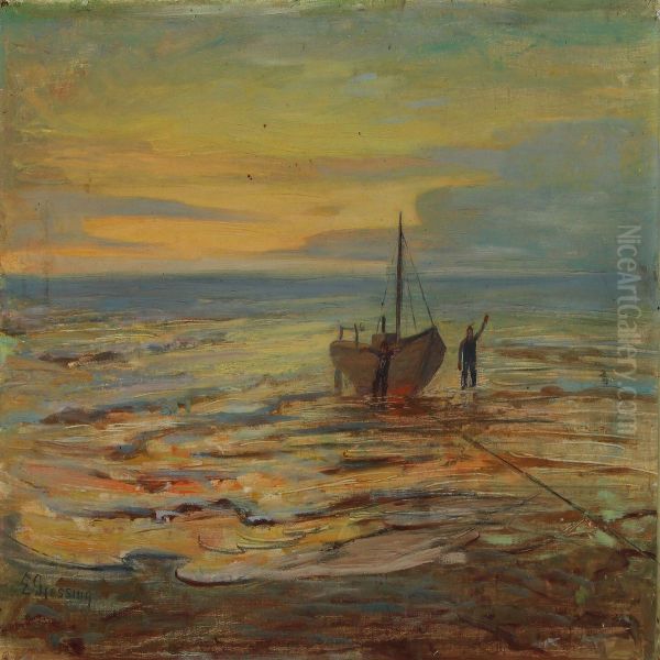 Shore With Twofishermen And Boat Oil Painting by Einar Gjessing