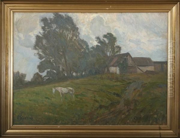 Landscape With Farm And A Horse Oil Painting by Einar Gjessing