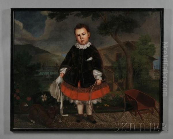 Portrait Of A Boy Holding A Hoop In The Garden With His Dog Oil Painting by Timothy Allen Gladding