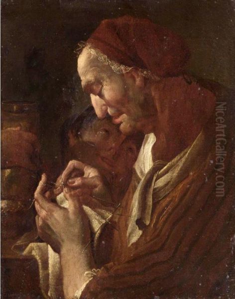 An Elderly Lady Making A Lace, A Young Child Behind Oil Painting by Ulrich Glantschnigg