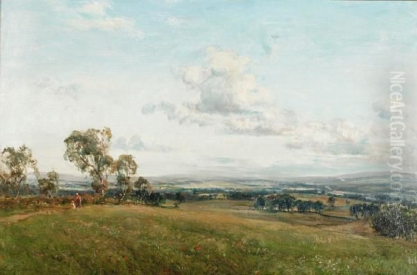 Figures On A Pathway In An Extensive Landscape Oil Painting by John Hamilton Glass