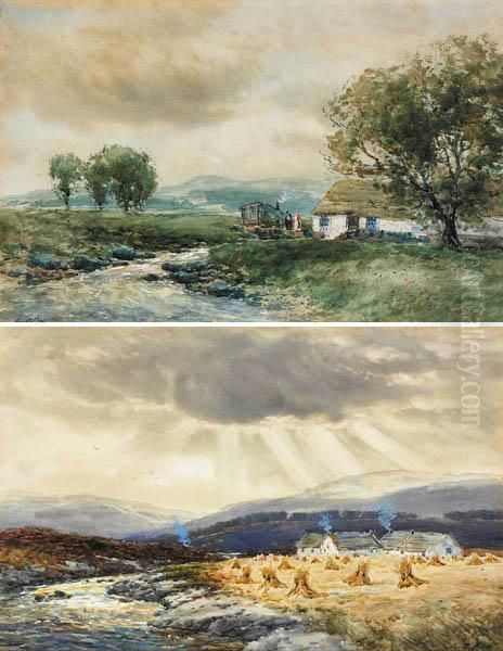 Hay Stooks And Cabins By A River And Athatched Cottage And Caravan By A Stream (a Pair) Oil Painting by John Hamilton Glass