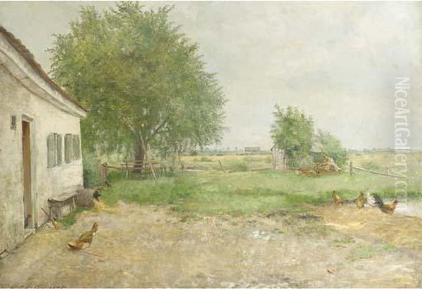 A Farmyard In An Extensive Landscape Oil Painting by Adolf Glatte