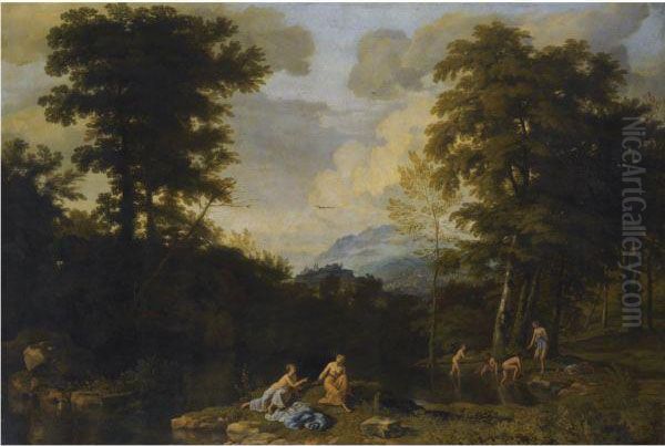 A Classical Landscape With Figures Oil Painting by Johannes (Polidoro) Glauber