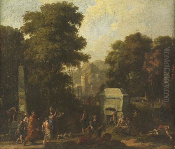 Italianate Landscape With Figures By An Obelisk And Tomb, A Village Beyond Oil Painting by Johannes (Polidoro) Glauber