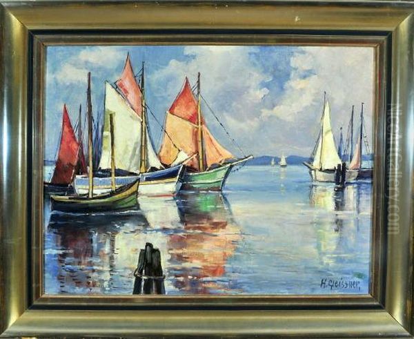 Segelboote Im Hafen Eines Sees Mit Blick Auf Die Berge Oil Painting by Hans Gleissner