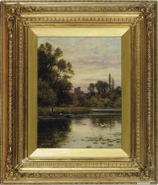 Rowing On A Pond With A Village Beyond Oil Painting by Alfred I Glendening