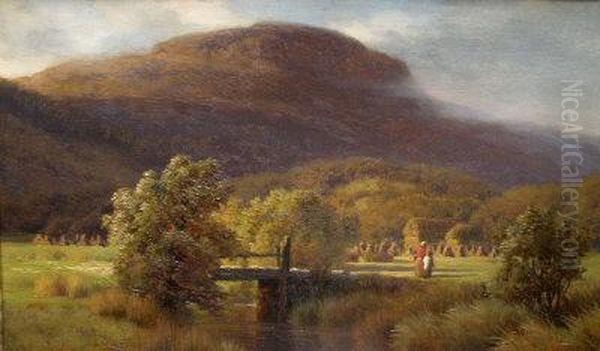 Figures In A Hayfield In A River Landscape Oil Painting by Alfred Augustus Glendening