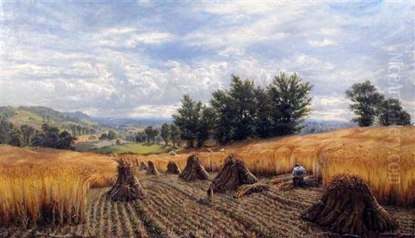 Extensive Summer Landscape With Harvest Field, Corn Stooks And Farm Worker Oil Painting by Alfred Augustus Glendening