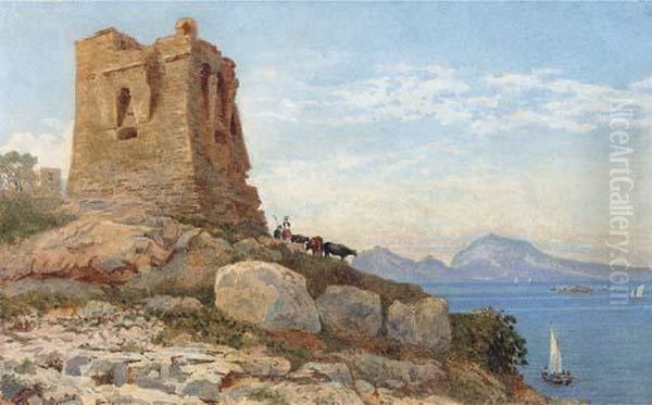 Cattle Grazing Before A Ruined Tower On The Coast At Sorrento Oil Painting by Arthur Glennie