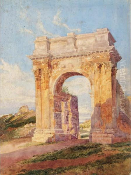 A Triumphal Arch In The Roman Campagna; And Figures Seated Before Aroman Villa Oil Painting by Arthur Glennie