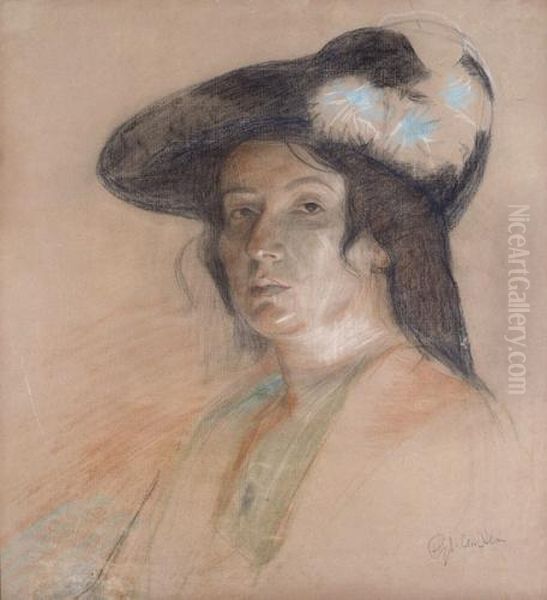 Woman With A Hat Oil Painting by Enoch Henryk Enrico Glicenstein