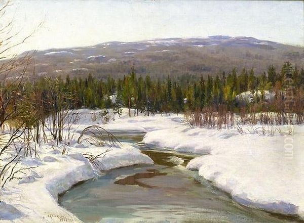 Elv I Vinterlandskap 1908 1908 Oil Painting by Jacob Gloersen