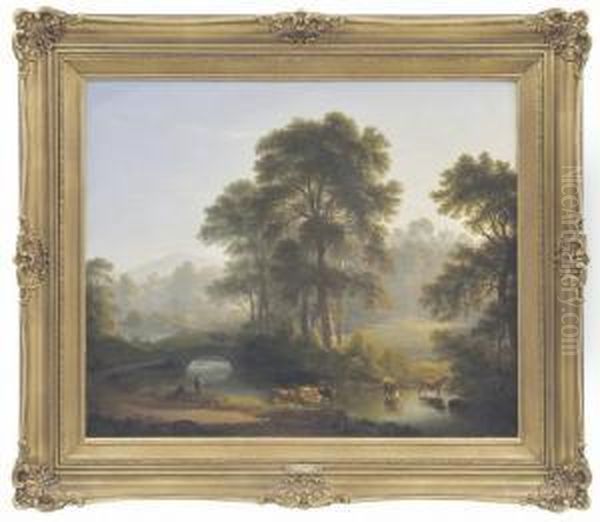 Wooded River Landscape With Anglers And Cattle In The Foreground Oil Painting by John Glover