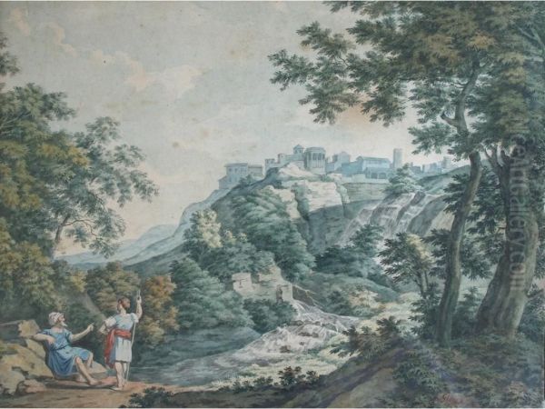 Two Classical Figures In An Italianate Landscape, A Distant Town Beyond Oil Painting by John Glover