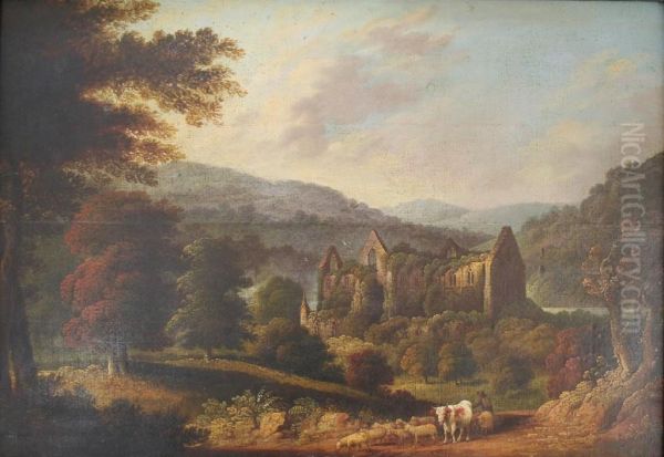 Tintern Abbey, A Man Tending A Cow And Sheep In The Foreground Oil Painting by John Glover