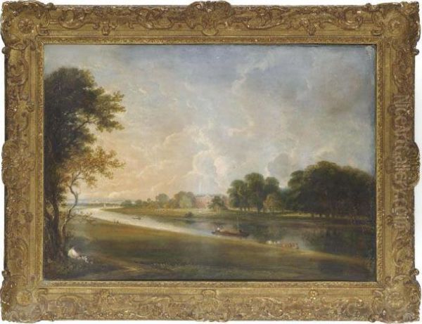 An Irish Mansion, Boats In A River In The Foreground Oil Painting by William Glover