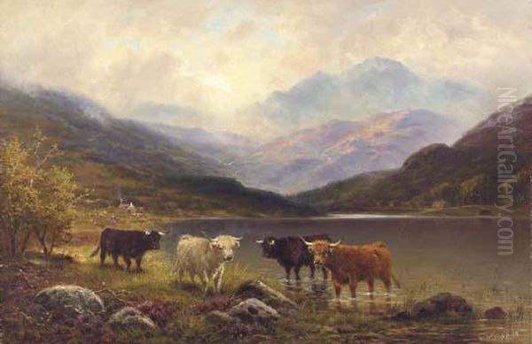 Cattle In A Highland Landscape Oil Painting by William Glover