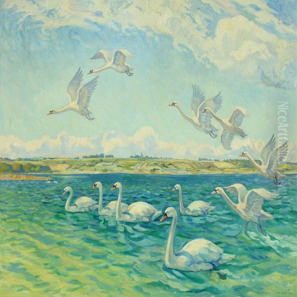 Inlet With Swans Oil Painting by Wilfred Peter Glud