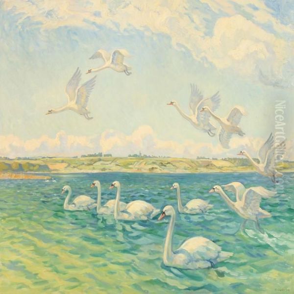 A Flock Of Swans At A Larger Lake Oil Painting by Wilfred Peter Glud