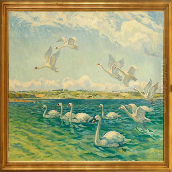 The Swans At Utterslev Mose Oil Painting by Wilfred Peter Glud