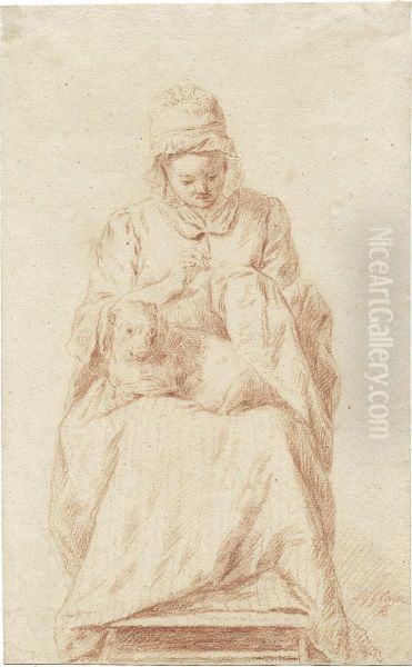 Junge, Stickende Frau Mit Hund Oil Painting by Johann Gottlieb Glume