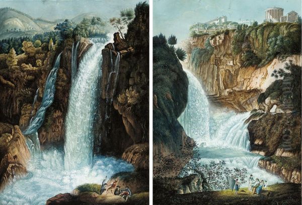 La Grotta Di Nettuno A Tivoli; And La Cascata Del Velino Aterni Oil Painting by Wilhelm Friedrich Gmelin