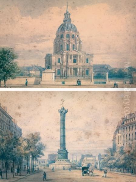 Paire De Vue Animees De Paris : Les Invalides Et La Bastille Oil Painting by Gaspard Gobaut