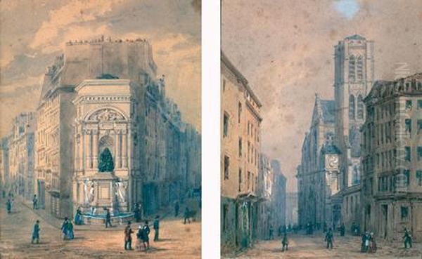 Paire De Vues Animees De Paris Dont La Fontaine De Moliere Oil Painting by Gaspard Gobaut