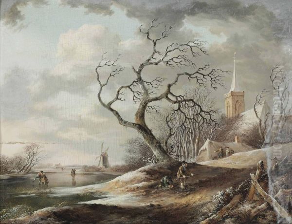 A Winter Landscape With Villagers Oil Painting by Gerrit Hendrik Gbell