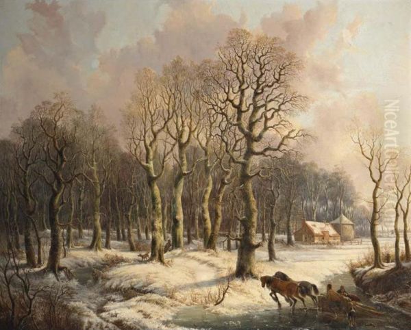 Wood Gatherers With A Horse Drawn Sleigh And A Hunter In A Wintry Forest Oil Painting by Gerrit Hendrik Gbell