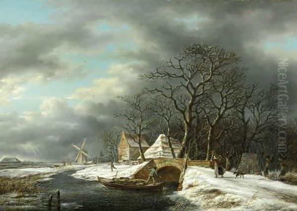 A Winter Landscape With A Woodgatherer Crossing A Bridge And A Peasant In A Punter Nearby Oil Painting by Gerrit Hendrik Gbell