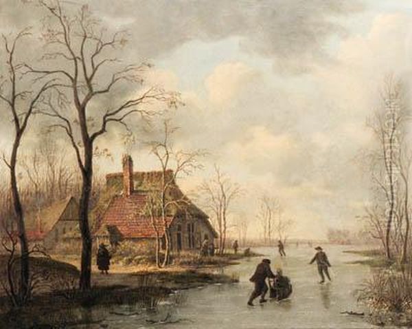 A Summer Landscape With Peasants By A Farm; And A Winter Landscapewith Skaters by Gerrit Hendrik Gbell