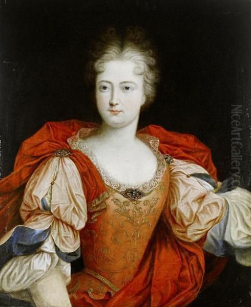 Portrait Of A Lady, Said To Be Louise-francoise De Bourbon, Mademoiselle De Nantes, Half-length, In Pink Embroidered Costume And A Red Embroidered Mantle Oil Painting by Pierre Gobert