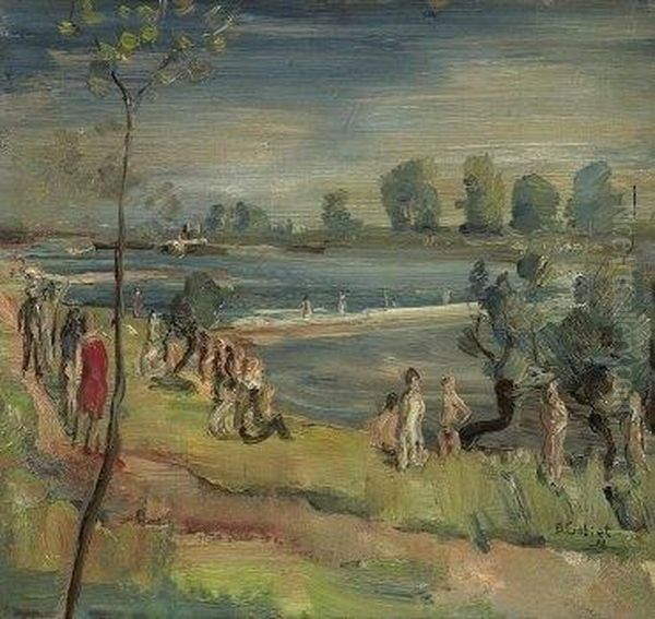 Swimmers By The River. 1930 Oil Painting by Bernhard Gobiet