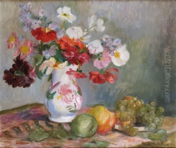 Vase De Fleurs, Pommes Et Raisin Sur Un Entablement Oil Painting by Paule Gobillard