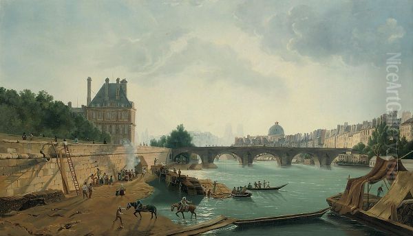 Unloading Cargo At The Pont Royale, Paris Oil Painting by Antoine Louis Goblain