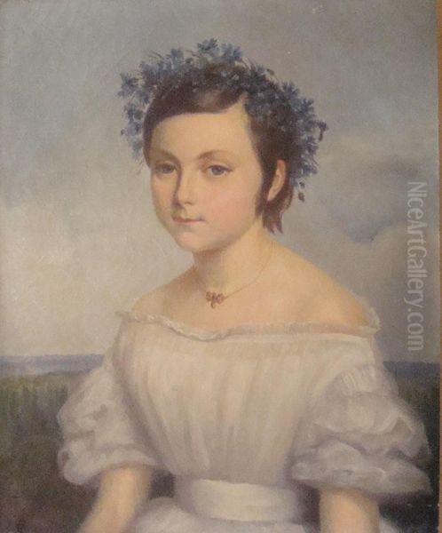 Jeune Fille Couronnee De Bleuets Oil Painting by Bathilde Goblain