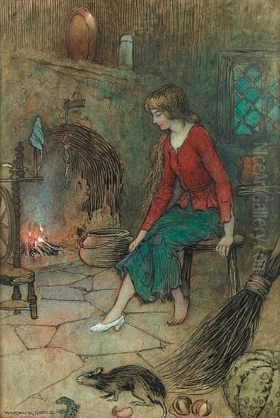 Cinderella Trying On Her Glass Slipper By The Hearth Oil Painting by Warwick Goble