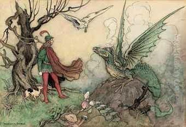 A Young Knight Facing A Dragon Oil Painting by Warwick Goble