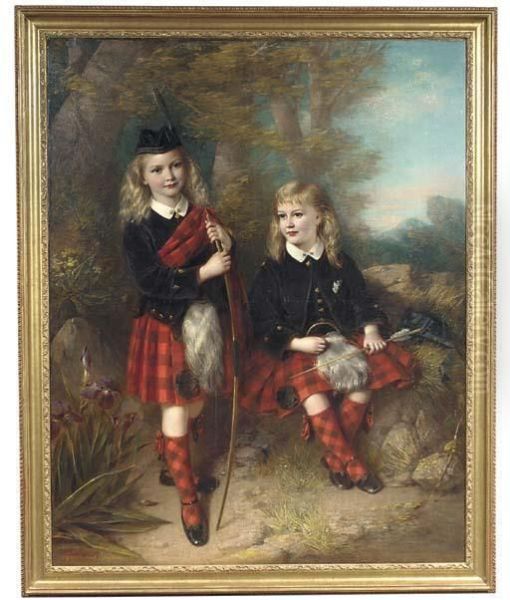 Portrait Of Two Children, Full-length In Macgregor Tartan Holding Abow And Arrow In A Landscape Oil Painting by Samuel Berry Godbold