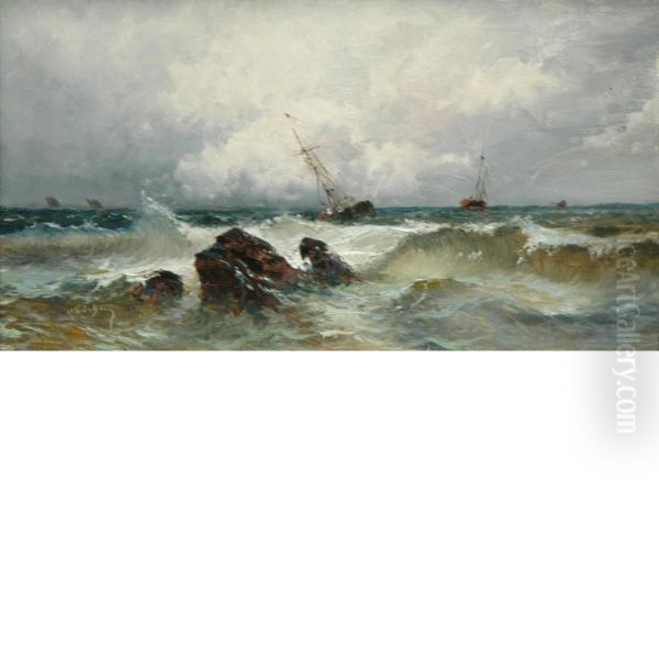 Ships Off Shore Oil Painting by Alfred Godchaux