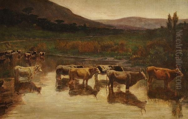 Les Vaches A L'abreuvoir Oil Painting by Alfred Godchaux